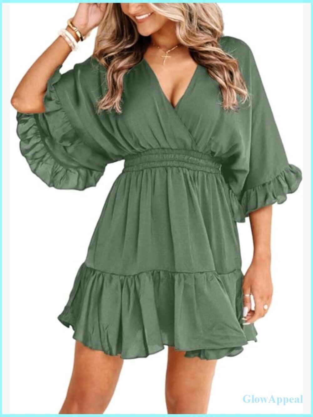 V Neck Ruffle Mini Dress Summer Loose High Waist Pleated A-Line
